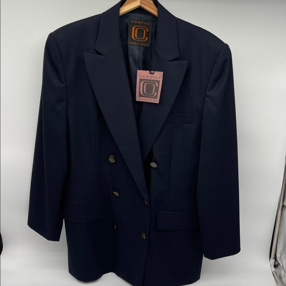 NWT Vintage Ellen Tracy Wool Navy Double-Breasted Blazer Size 14